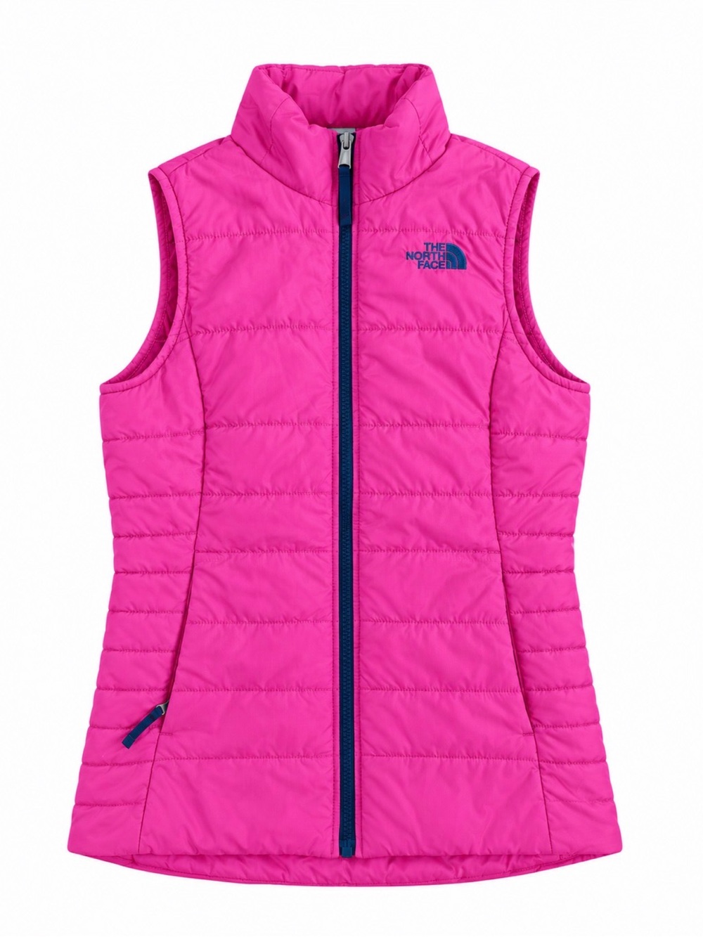 North Face Girls' Hot Pink Puffer Vest with Navy Trim - Size Large (Small Woman)